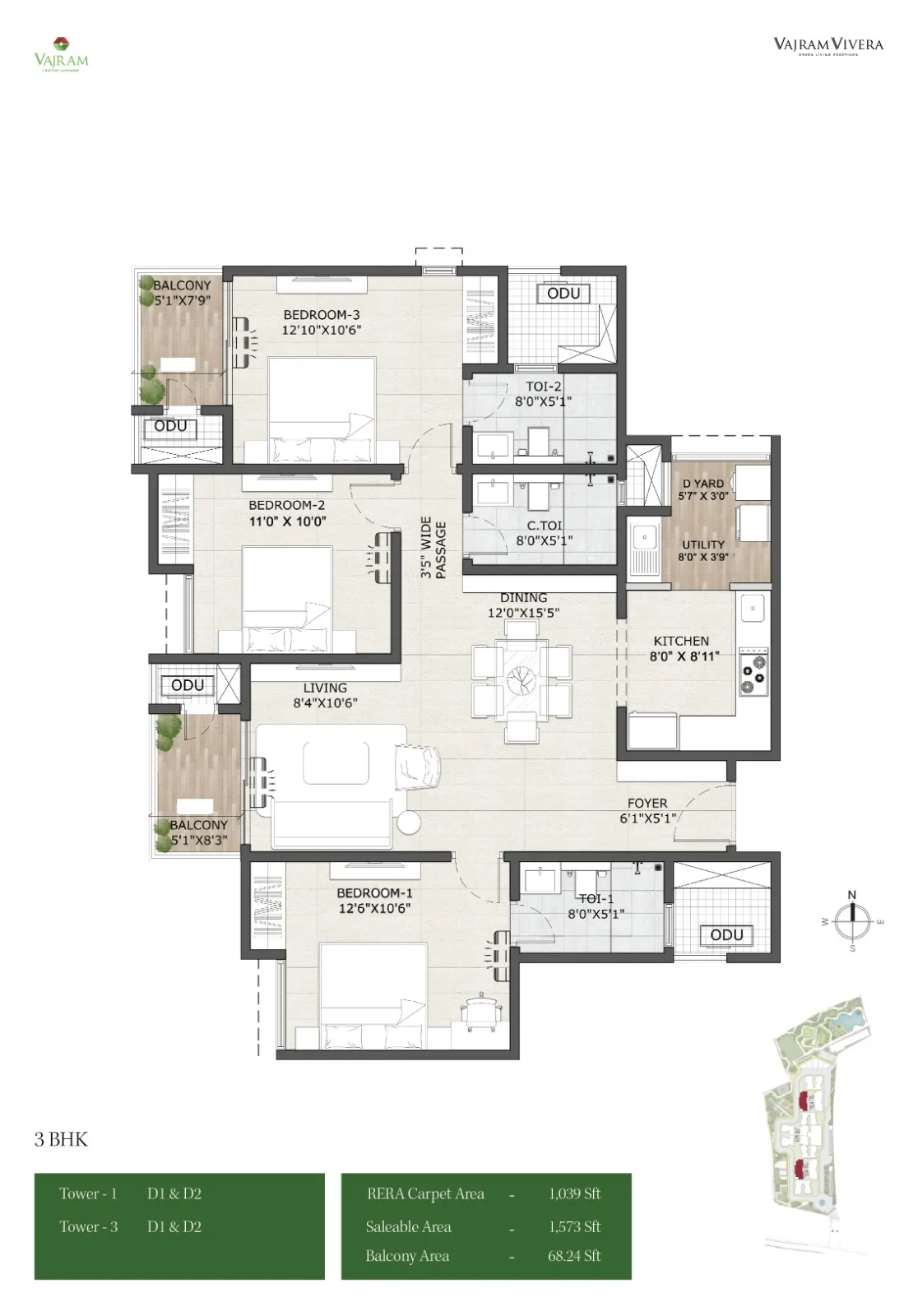3 BHK Floor Plan 1573 Sq.Ft - Vajram Vivera