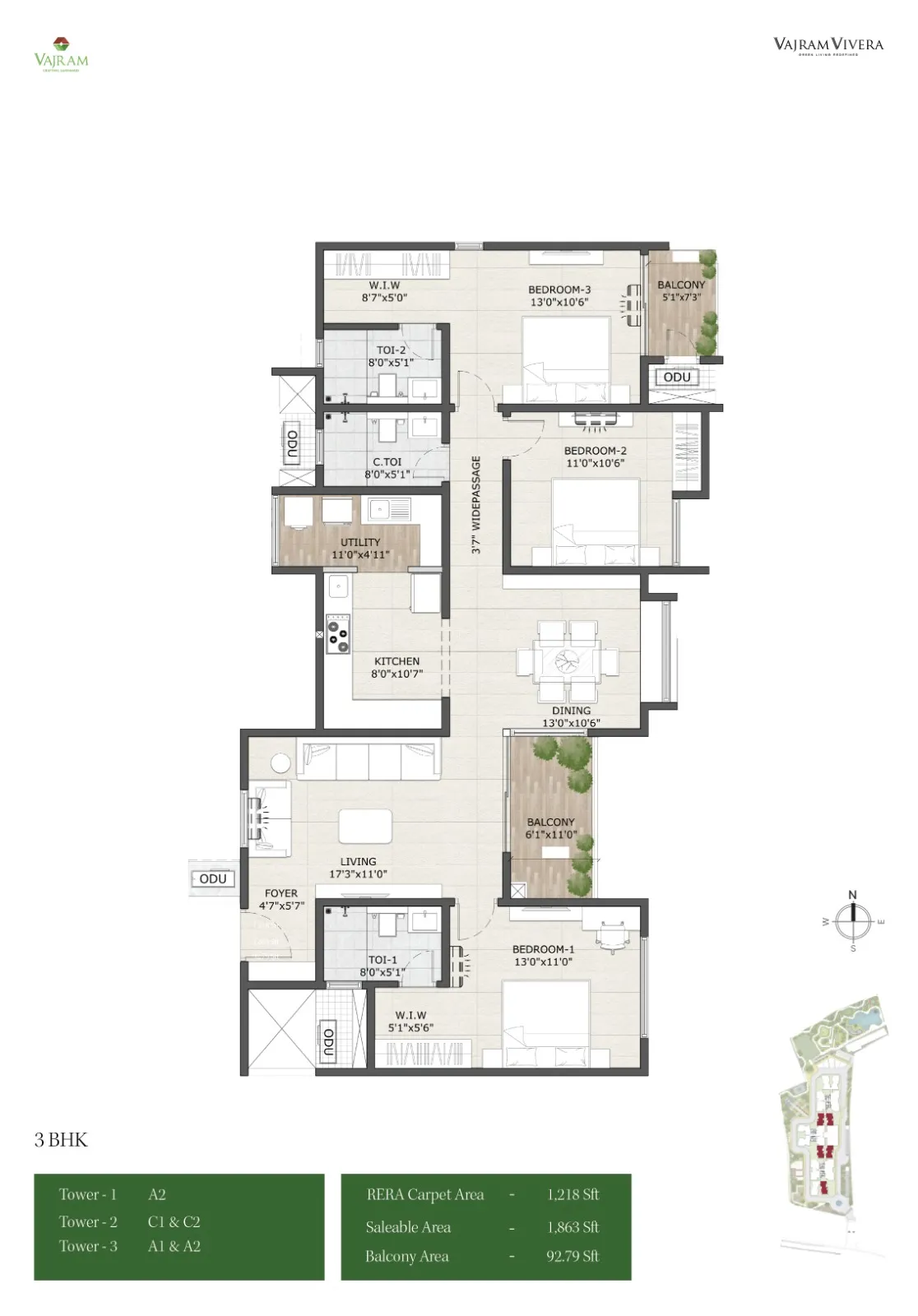 3 BHK Floor Plan 1863 Sq.Ft - Vajram Vivera